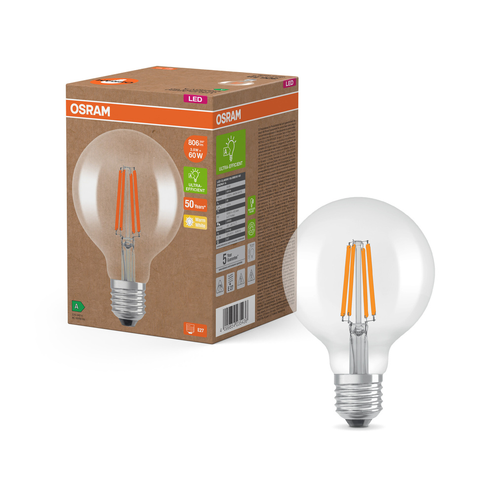 Osram LED Classic Globe 95 60, Filament, EEK A, 3,8 W, 806 lm, E27, warmweiß, klar