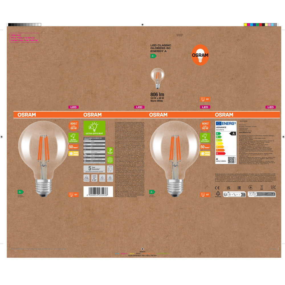 Osram LED Classic Globe 95 60, Filament, EEK A, 3,8 W, 806 lm, E27, warmweiß, klar