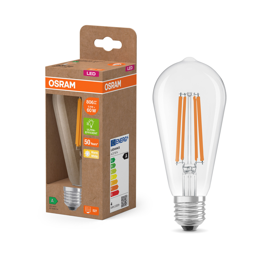 Osram LED Classic Edison 60, Filament, EEK A, 3,8 W, 806 lm, E27, warmweiß, klar