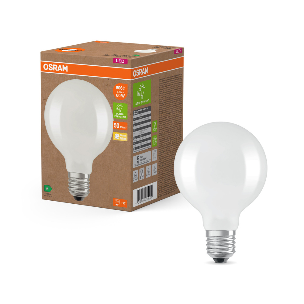 Osram LED Classic Globe 95 60, Filament, EEK A, 3,8 W, 806 lm, E27, warmweiß, matt