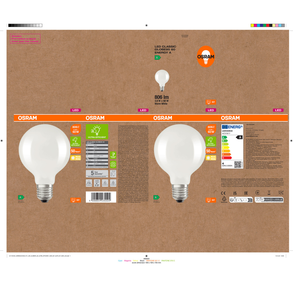 Osram LED Classic Globe 95 60, Filament, EEK A, 3,8 W, 806 lm, E27, warmweiß, matt