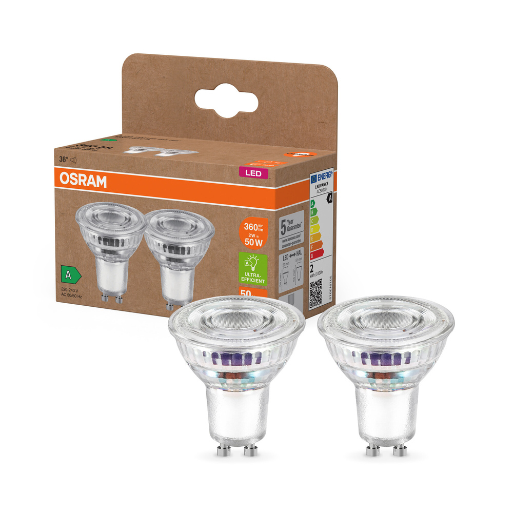 Osram LED PAR16 50 36°, 2 W, 360 lm, GU10, EEK A, warmweiß, 2er Pack