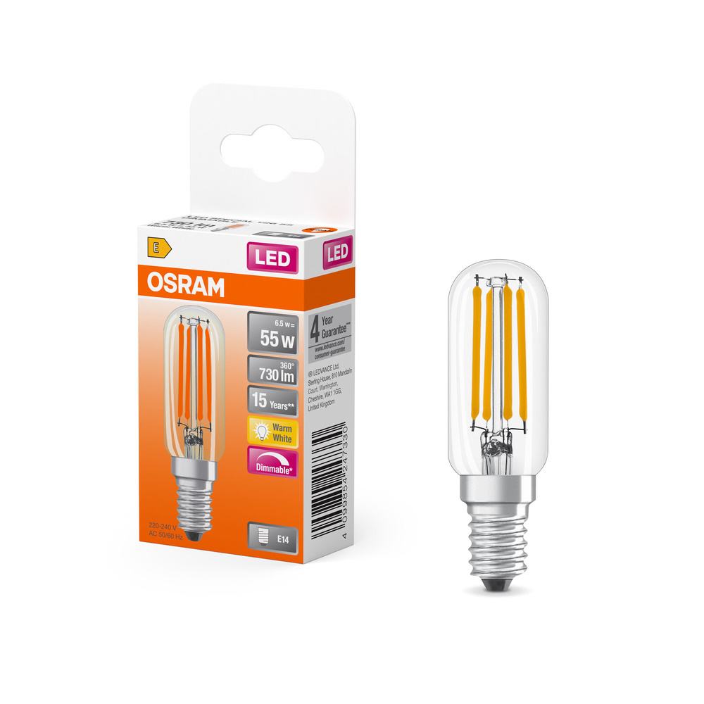 Osram LED Special T26 55 300° Filament DIM, 6,5 W, 730 lm, E14, 2700 K, klar, dimmbar