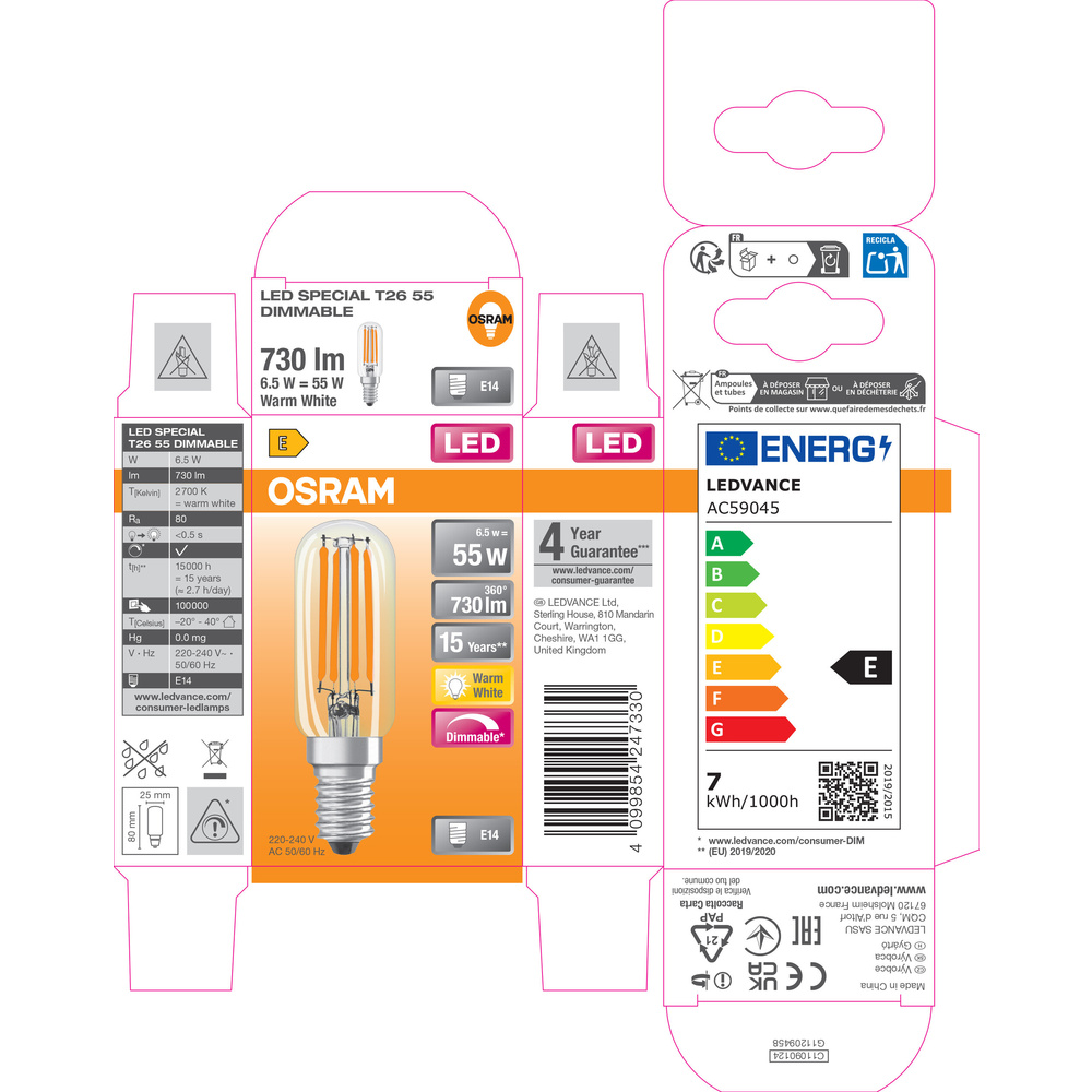 Osram LED Special T26 55 300° Filament DIM, 6,5 W, 730 lm, E14, 2700 K, klar, dimmbar