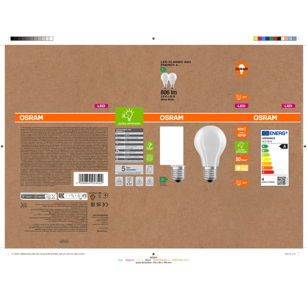 Osram LED Classic A 60, Filament, EEK A, 3,8 W, 806 lm, E27, warmweiß, matt, 2er Pack