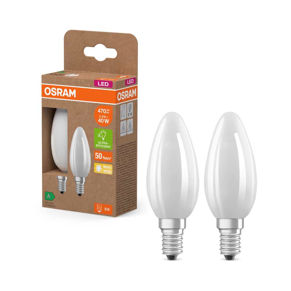 Osram LED Classic B 40, Filament, EEK A, 2,2 W, 470 lm, E14, warmweiß, matt, 2er Pack