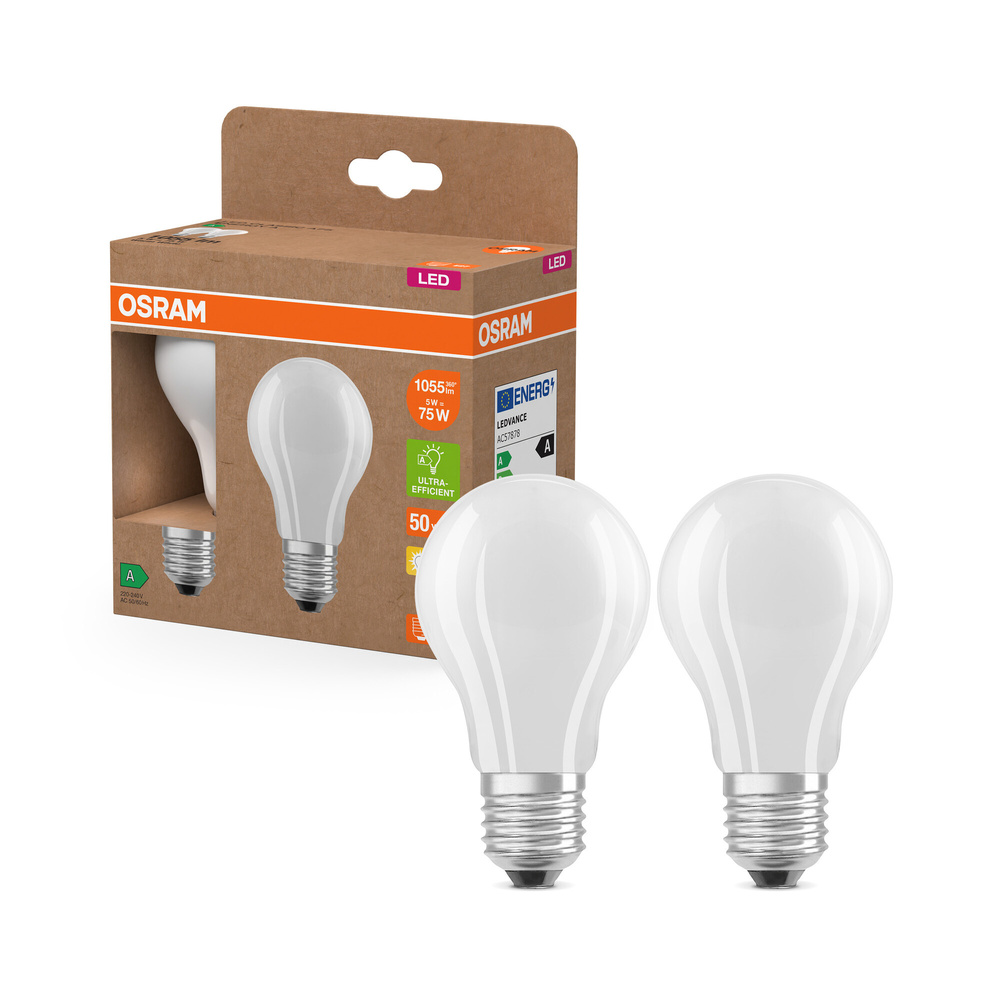 Osram LED Classic A 75, Filament, EEK A, 5 W, 1055 lm, E27, warmweiß, matt, 2er Pack