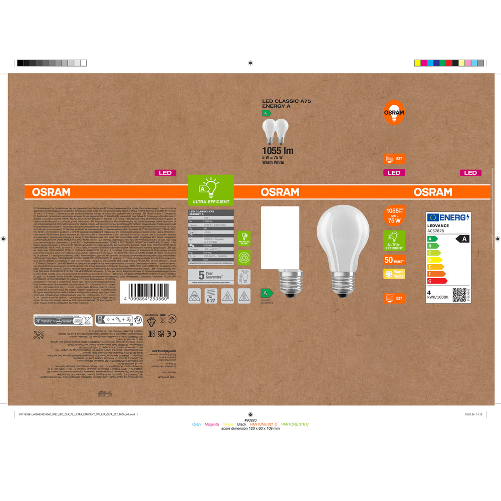 Osram LED Classic A 75, Filament, EEK A, 5 W, 1055 lm, E27, warmweiß, matt, 2er Pack