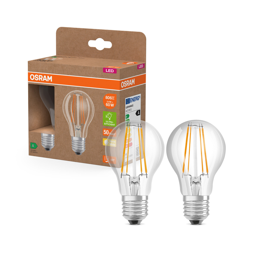 Osram LED Classic A 60, Filament, EEK A, 3,8 W, 806 lm, E27, warmweiß, klar, 2er Pack