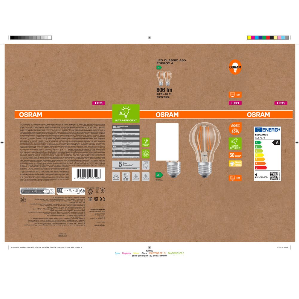 Osram LED Classic A 60, Filament, EEK A, 3,8 W, 806 lm, E27, warmweiß, klar, 2er Pack
