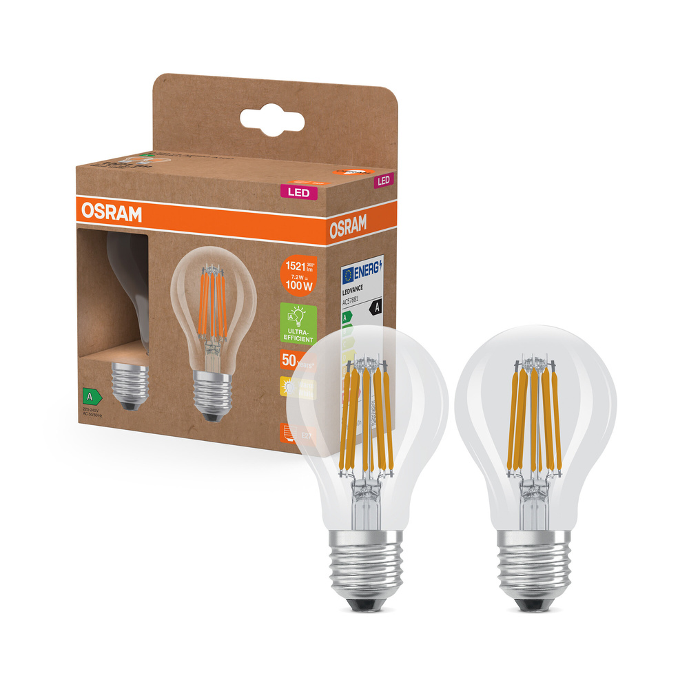 Osram LED Classic A 100, Filament, EEK A, 7,2 W, 1521 lm, E27, warmweiß, klar, 2er Pack