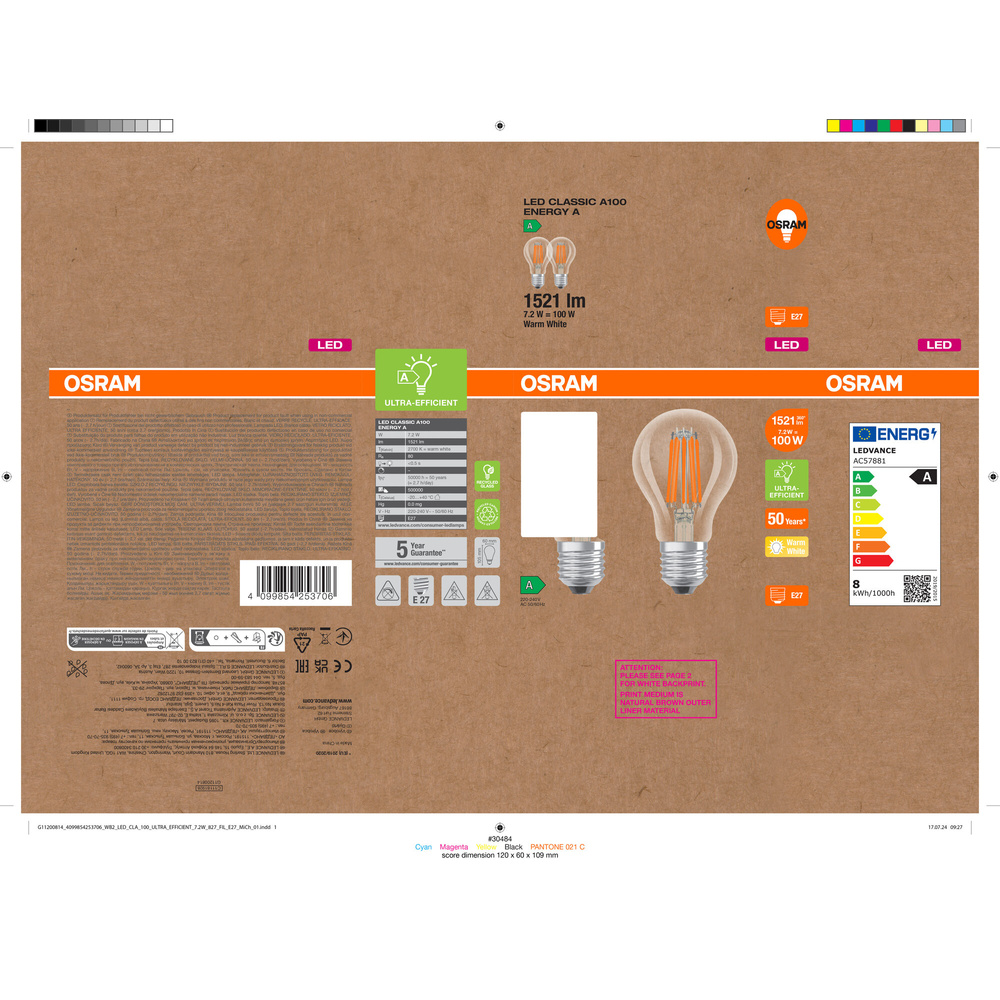Osram LED Classic A 100, Filament, EEK A, 7,2 W, 1521 lm, E27, warmweiß, klar, 2er Pack