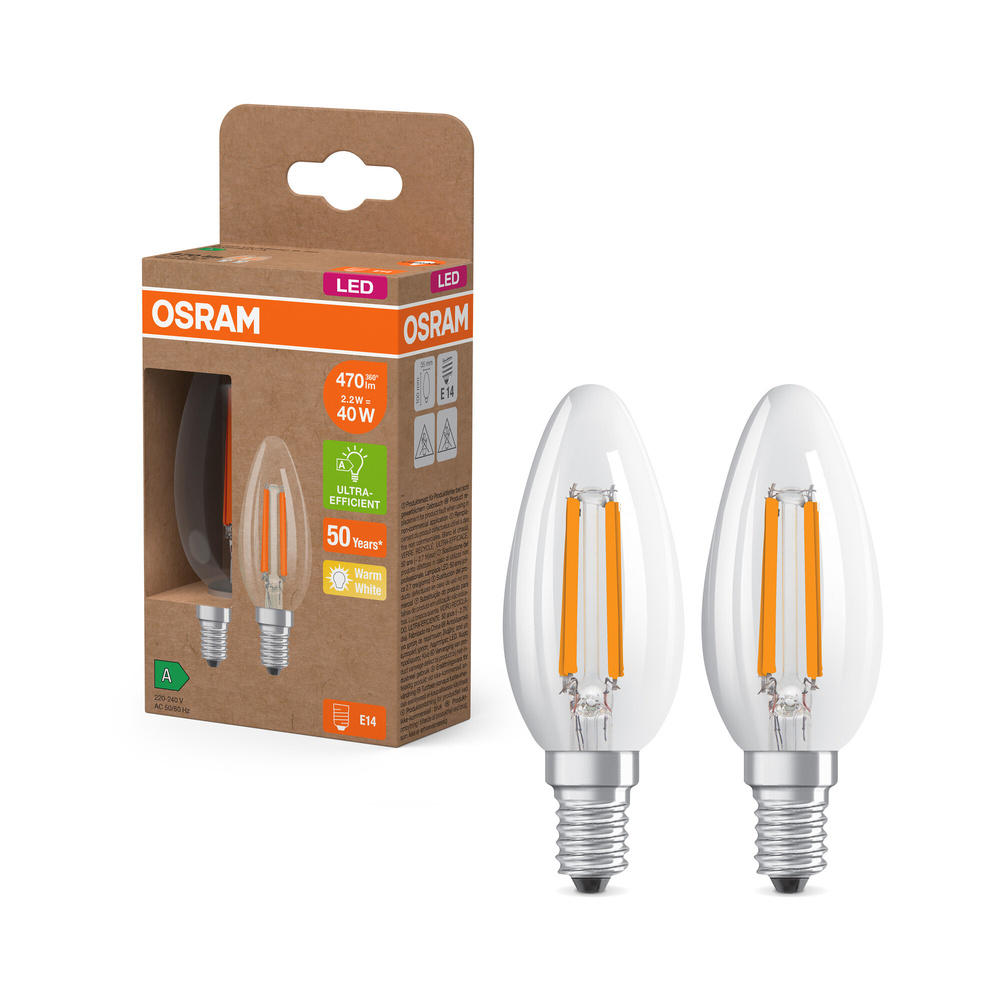 Osram LED Classic B 40, Filament, EEK A, 2,2 W, 470 lm, E14, warmweiß, klar, 2er Pack