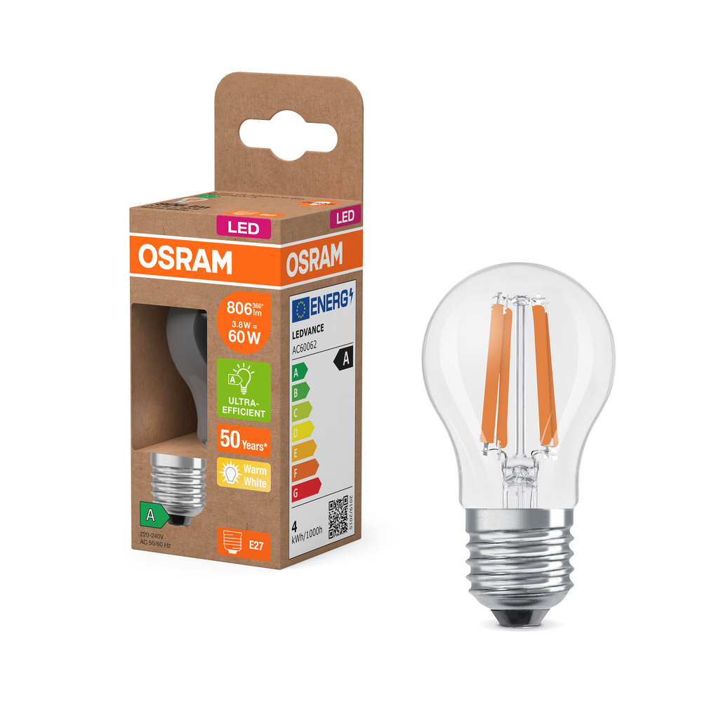 Osram LED Classic P 60, Filament, EEK A, 3,8 W, 806 lm, E27, warmweiß, klar