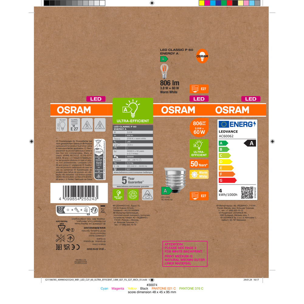 Osram LED Classic P 60, Filament, EEK A, 3,8 W, 806 lm, E27, warmweiß, klar