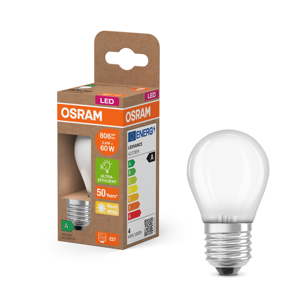 Osram LED Classic P 60, Filament, EEK A, 3,8 W, 806 lm, E27, warmweiß, matt
