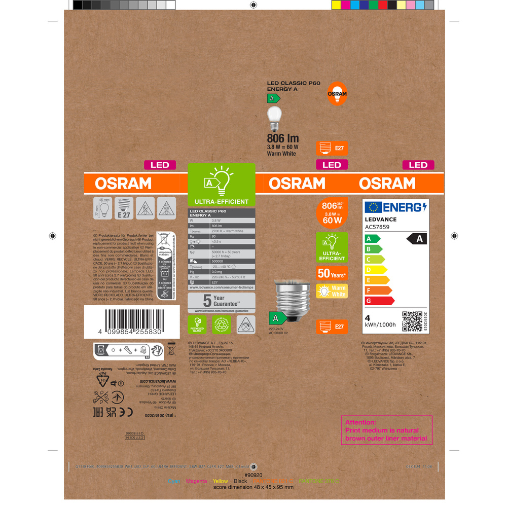 Osram LED Classic P 60, Filament, EEK A, 3,8 W, 806 lm, E27, warmweiß, matt