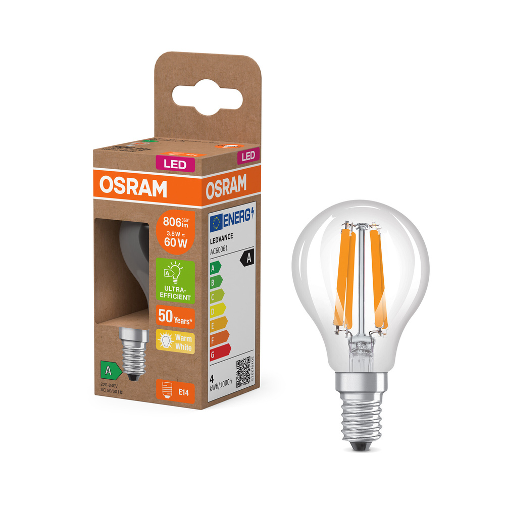 Osram LED Classic P 60, Filament, EEK A, 3,8 W, 806 lm, E14, warmweiß, klar