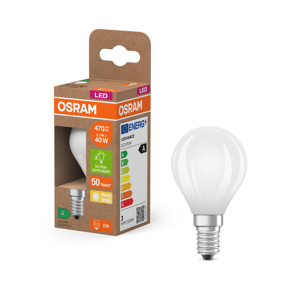 Osram LED Classic P 40, Filament, EEK A, 2,2 W, 470 lm, E14, warmweiß, matt
