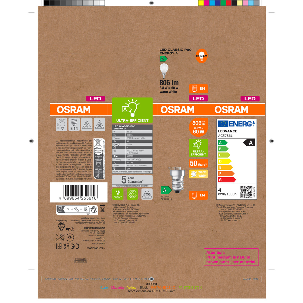 Osram LED Classic P 60, Filament, EEK A, 3,8 W, 806 lm, E14, warmweiß, matt