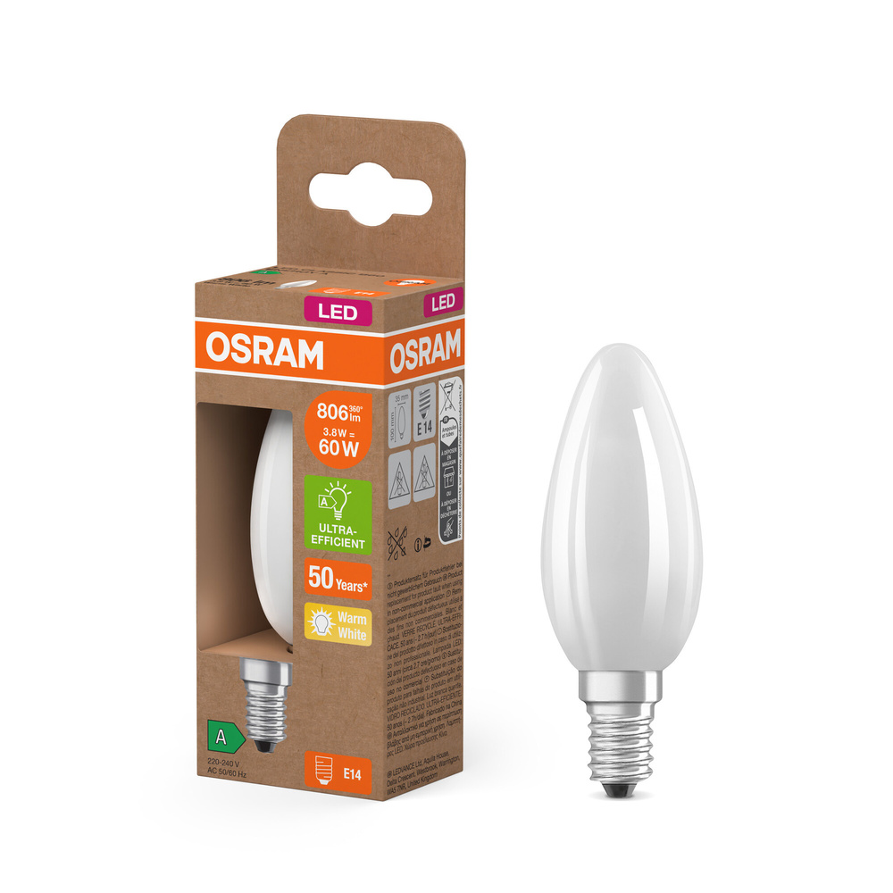 Osram LED Classic B 60, Filament, EEK A, 3,8 W, 806 lm, E14, warmweiß, matt