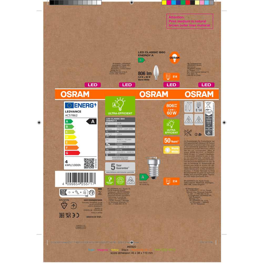 Osram LED Classic B 60, Filament, EEK A, 3,8 W, 806 lm, E14, warmweiß, matt