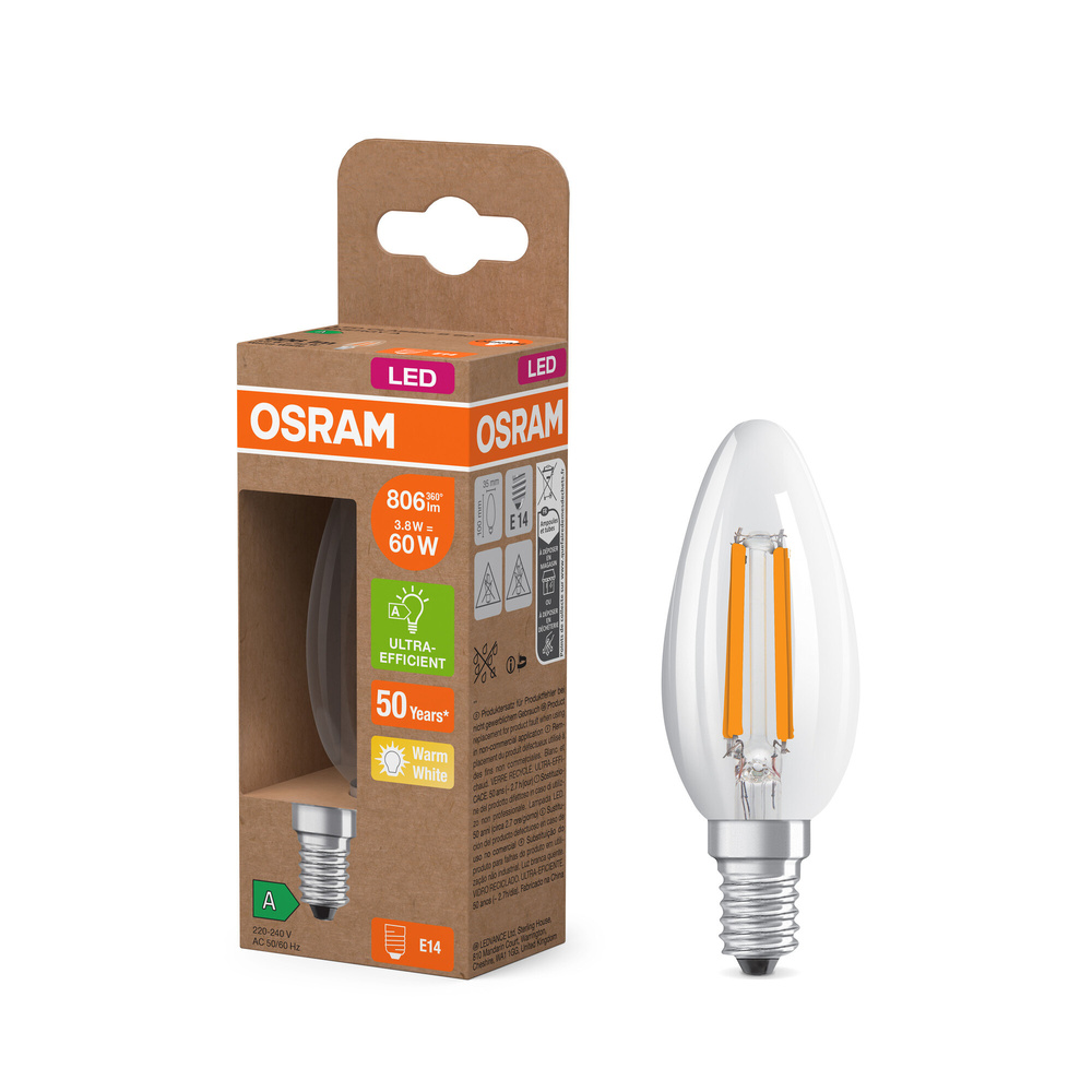 Osram LED Classic B 60, Filament, EEK A, 3,8 W, 806 lm, E14, warmweiß, klar