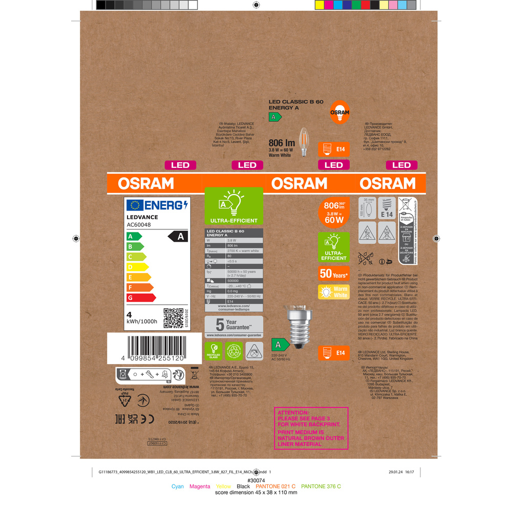 Osram LED Classic B 60, Filament, EEK A, 3,8 W, 806 lm, E14, warmweiß, klar
