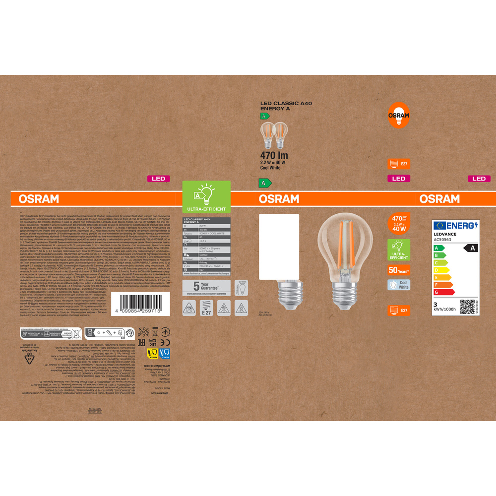 Osram LED Classic A 40, Filament, EEK A, 2,2 W, 470 lm, E27, kaltweiß, klar, 2er Pack