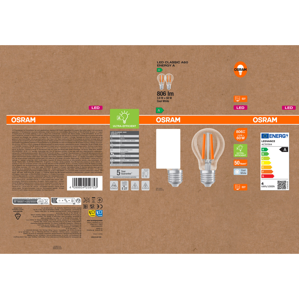 Osram LED Classic A 60, Filament, EEK A, 3,8 W, 806 lm, E27, kaltweiß, klar, 2er Pack