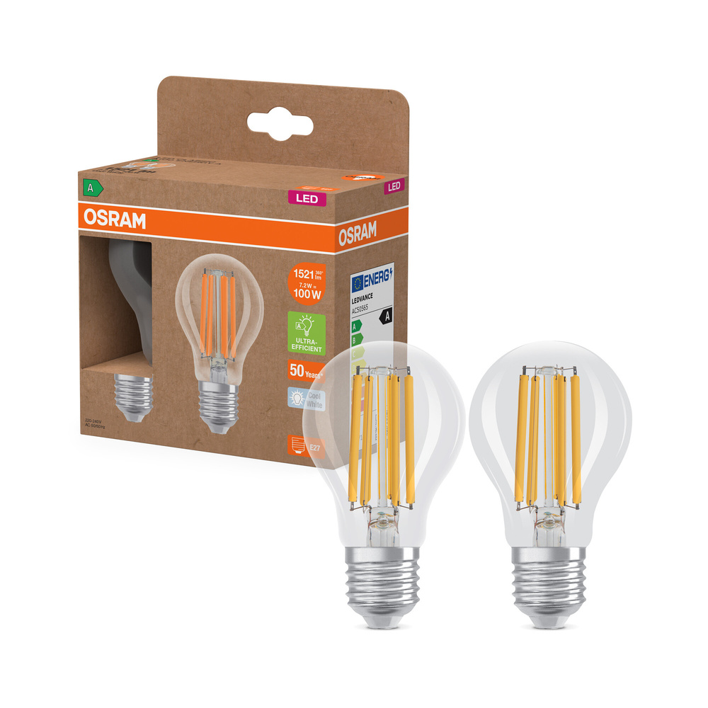 Osram LED Classic A 100, Filament, EEK A, 7,2 W, 1521 lm, E27, kaltweiß, klar, 2er Pack