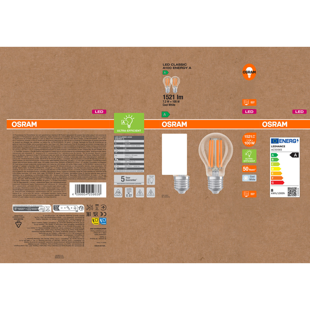 Osram LED Classic A 100, Filament, EEK A, 7,2 W, 1521 lm, E27, kaltweiß, klar, 2er Pack