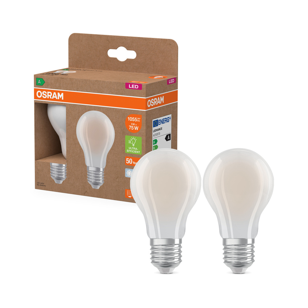 Osram LED Classic A 75, Filament, EEK A, 5 W, 1055 lm, E27, kaltweiß, matt, 2er Pack