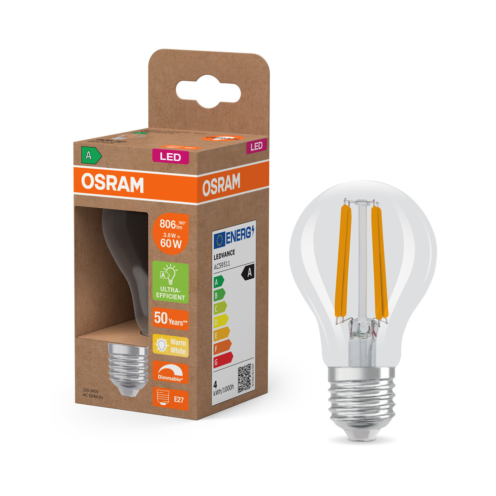 Osram LED Classic A 60, Filament, EEK A, 3,8 W, 806 lm, E27, dimmbar warmweiß, klar
