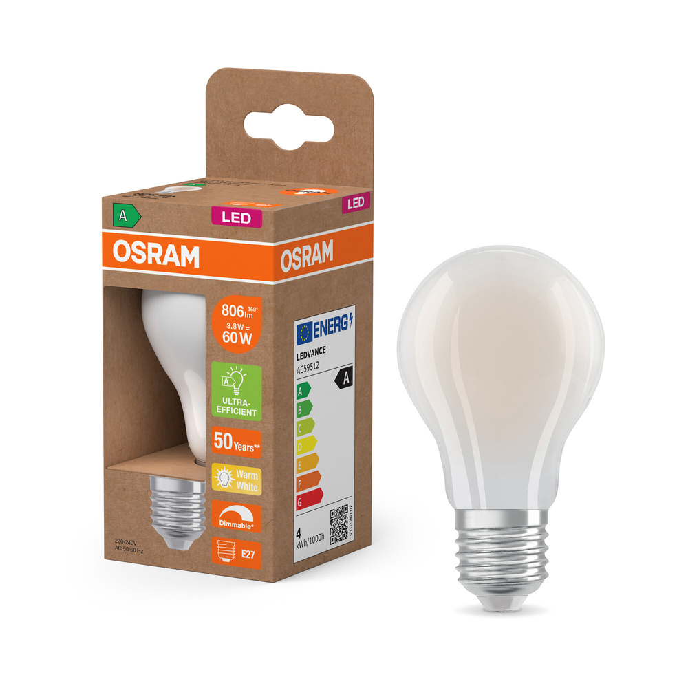 Osram LED Classic A 60, Filament, EEK A, 3,8 W, 806 lm, E27, dimmbar, warmweiß, matt