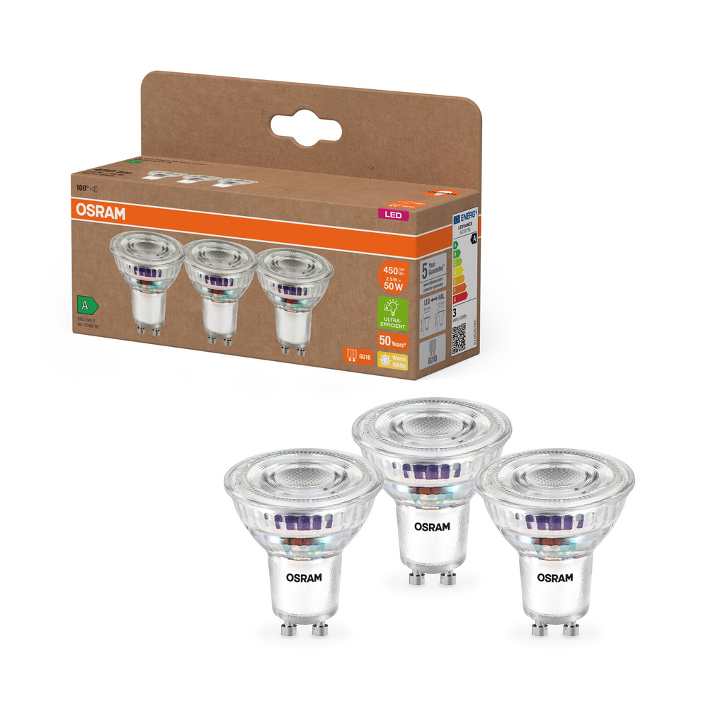 Osram LED PAR16 50 100°, 2,5 W, 450 lm, GU10, EEK A, warmweiß, 3er Pack