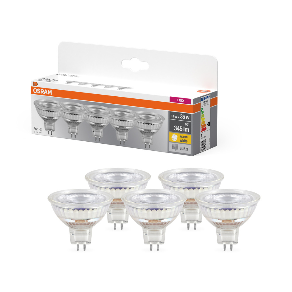 Osram LED Base MR16 35 36°, 3,8 W, 345 lm, GU5.3, EEK E, warmweiß, 5er Pack