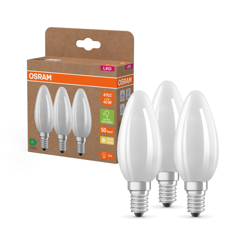 Osram LED Classic B 40, Filament, EEK A, 2,2 W, 470 lm, E14, warmweiß, matt, 3er Pack