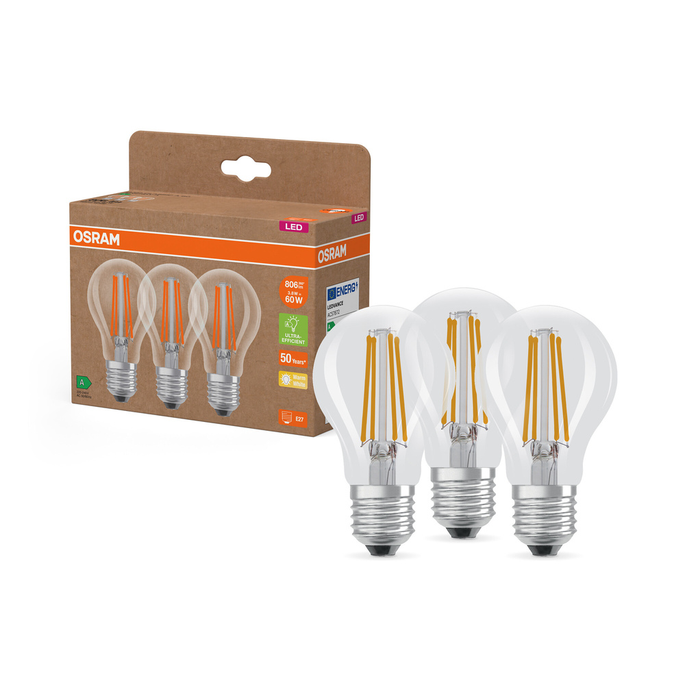 Osram LED Classic A 60, Filament, EEK A, 3,8 W, 806 lm, E27, warmweiß, klar, 3er Pack