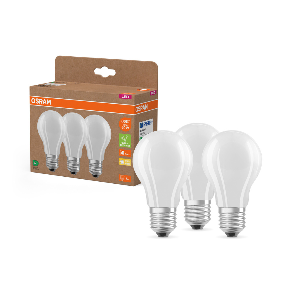 Osram LED Classic A 60, Filament, EEK A, 3,8 W, 806 lm, E27, warmweiß, matt, 3er Pack