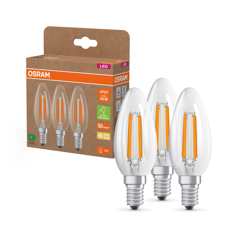 Osram LED Classic B 40, Filament, EEK A, 2,2 W, 470 lm, E14, warmweiß, klar, 3er Pack