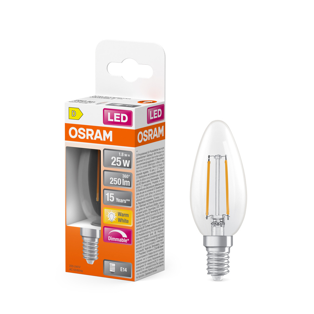 Osram LED Superstar Classic B 25 Filament, 1,8 W, 250 lm, E14, dimmbar, warmweiß, klar