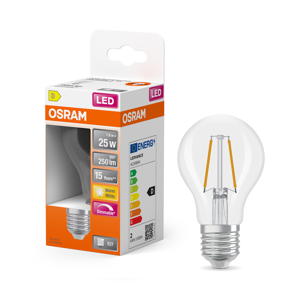 Osram LED Superstar Classic A 25 Filament, 1,8 W, 250 lm, E27, dimmbar, warmweiß, klar