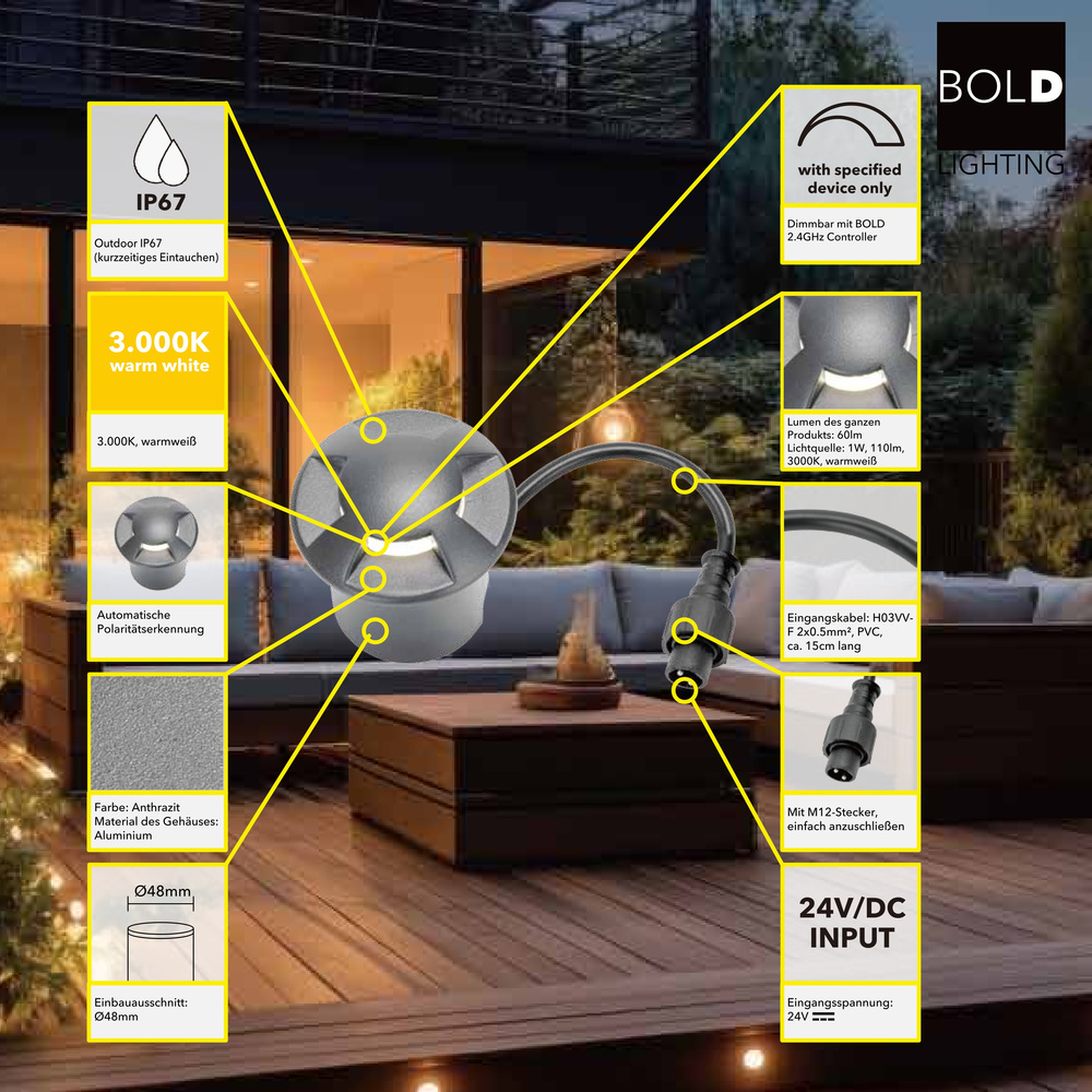 Die Bold Aluminium LED Bodenleuchte, DC 24V, 1W,3000K