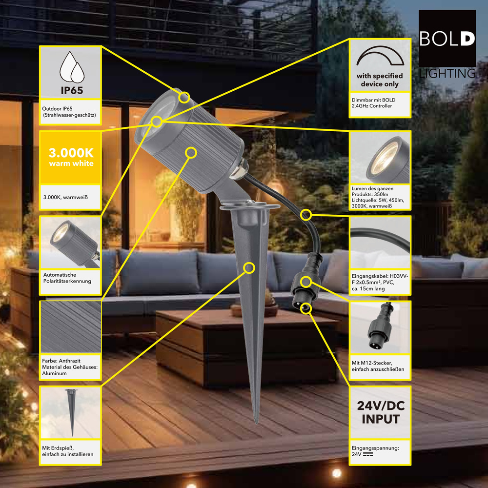 Die Bold LED Gartenstrahler, DC 24 V, 5 W, 3000 K