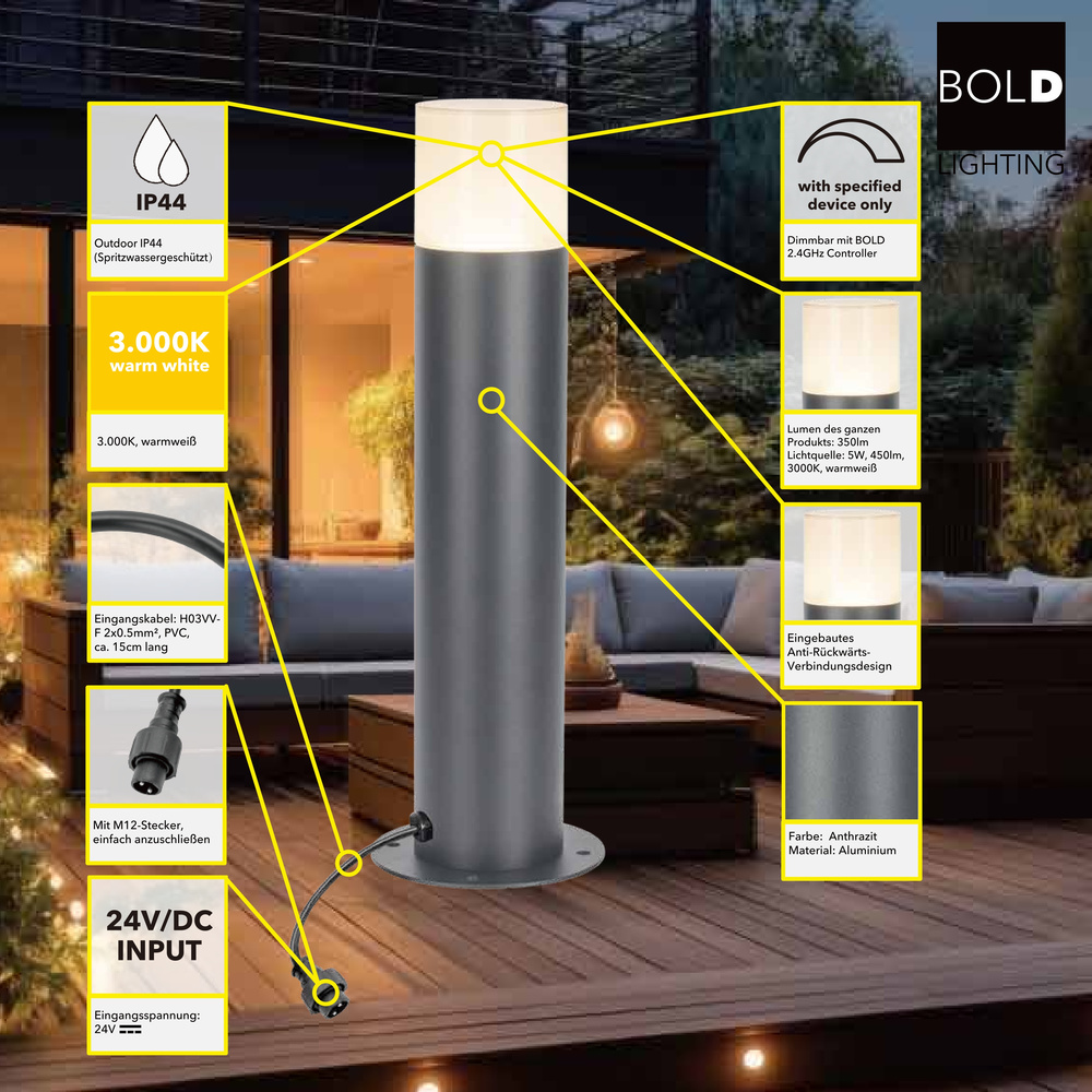 Die Bold 24V-Garten LED Wegeleuchte, DC 24 V, 5 W, 3000 K