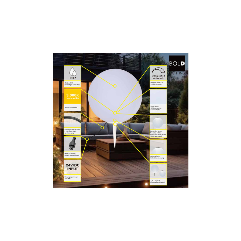 Die Bold 24V-Garten LED Dekokugel, Ø 40cm, DC24V, 6.5W, 3000K