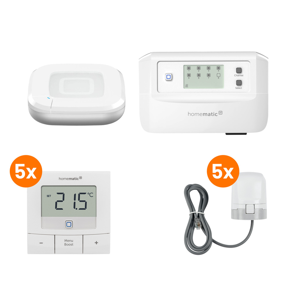 Homematic IP Set mit Access Point 2, 5x Stellantrieb, 5x Wandthermostat, 1x Fußbodenheizungscontroller