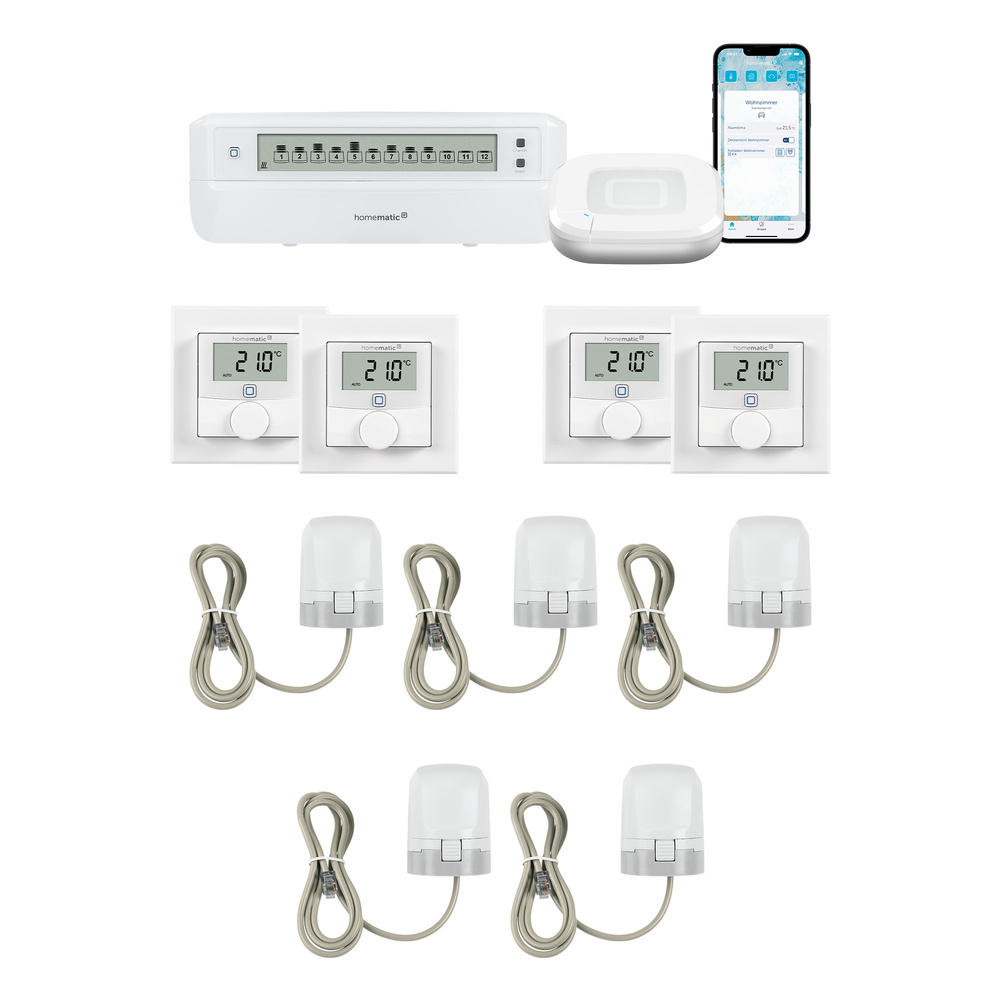 Homematic IP Smart Home Set Raumklima mit Access Point 2, Fußbodenheizungscontroller, 4 Wandthermostate und 5 Stellantriebe