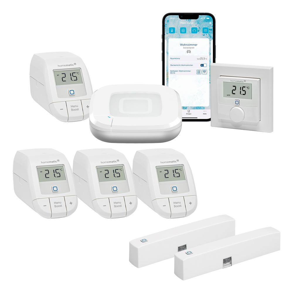 Homematic IP Smart Home Set Raumklima mit Access Point 2, 4 Heizkörperthermostaten, Wandthermostat, 2 Fenster-Türkontakte